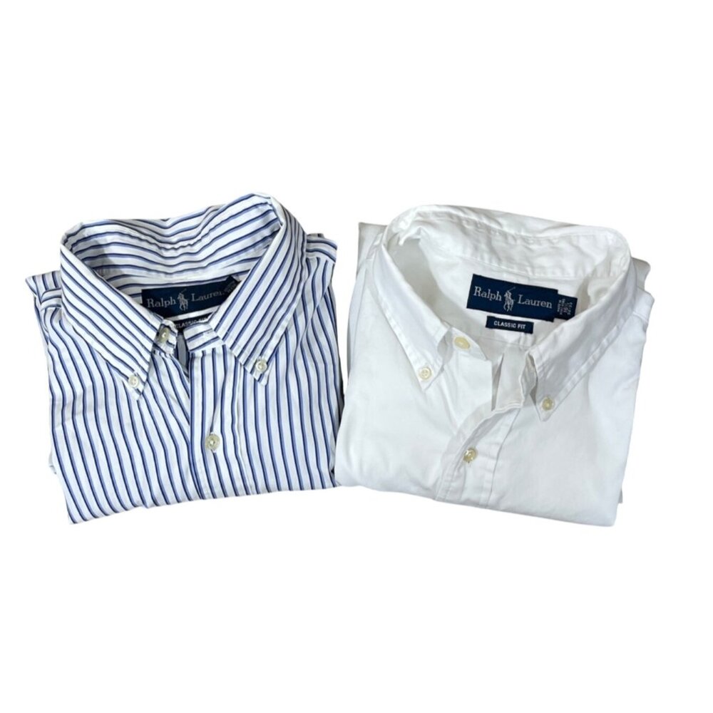 2 Ralph Lauren Button Down Shirts Men's 16 1/2 Blue White (READ) Classic Fit